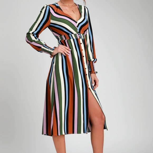 Rust Orange Multi Striped Button-Up Midi Dress - Picture 2 of 7